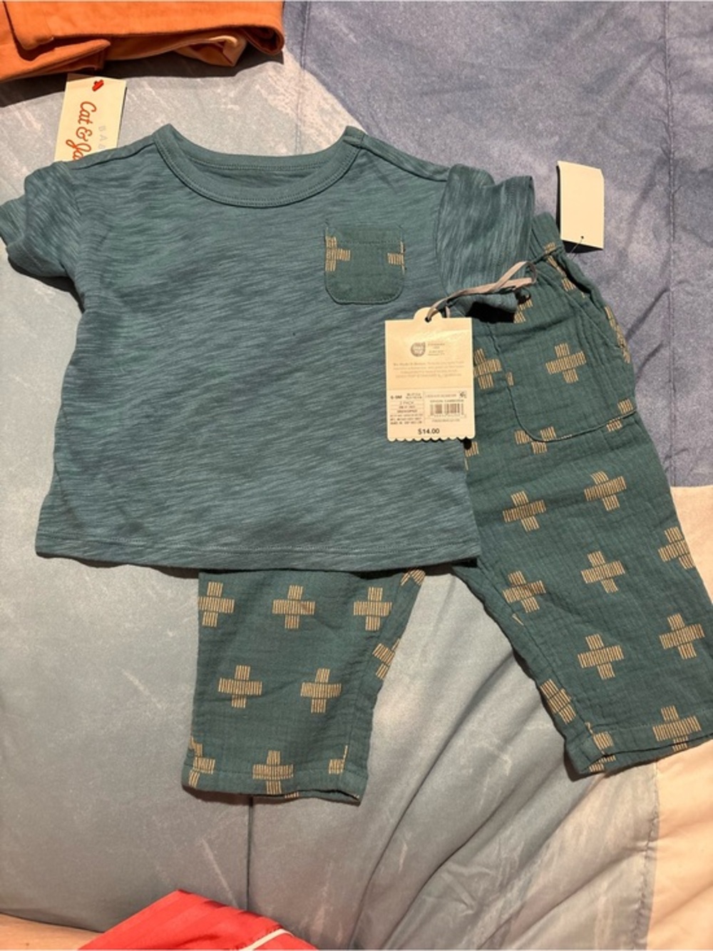 cloud island Teal Short-Sleeve Set with Tan Crosses